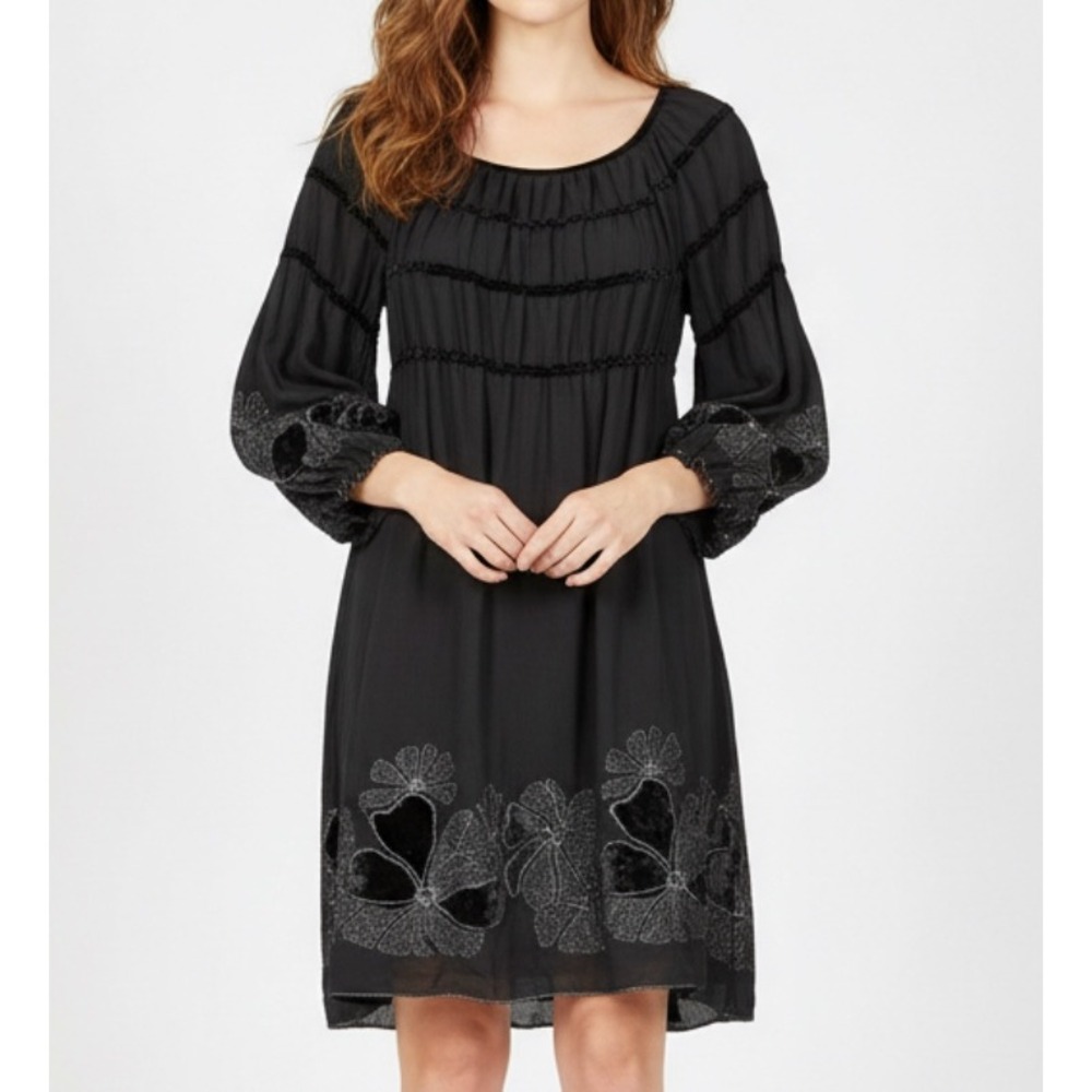 MAX STUDIO Black CHIFFON Silver Metallic/Velvet FLORAL Off-The-Shoulder DRESS XS